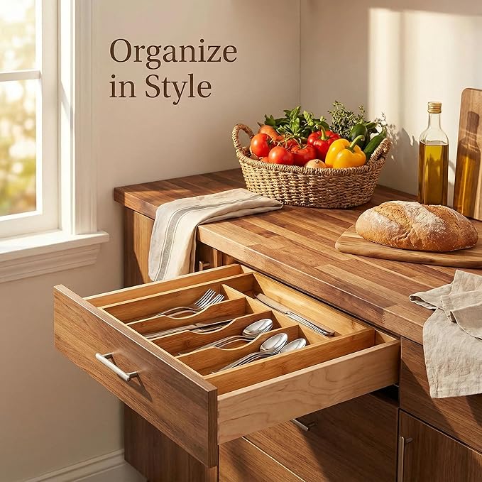 Bamboo Drawer Organizer - Kitchen Utensil Holder, 5 Slots Silverware Drawer Organization, Kitchen Wooden Tray for Cutlery, Flatware & Stationery - Natural