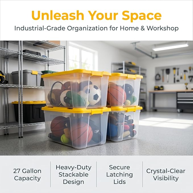 Large Industrial Storage Bins with Lids, 27 Gallon Clear Plastic Tote for Garage & Basement, Heavy Duty Stackable Totes for Storage and Organization, Yellow, 4-Pack