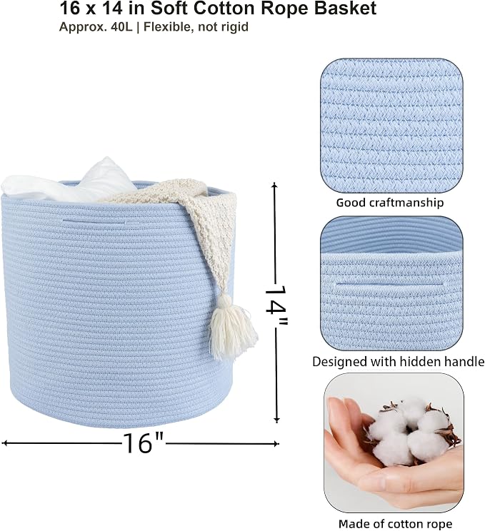 XUANGUO Cotton Rope Woven Basket, 16x14 in Kids Laundry Basket, blue | Round blanket basket and small laundry basket; baby hamper or nursery storage bin for girls, boys, toys, clothes and shoes