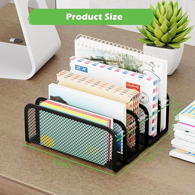 Mail Organizer Countertop 2 Pack, Metal File Holder with 5-Slot, Small Desk File Organizer for Letter, Bill, Mail Sorter, Desktop Letter Folder Holders for Office, Home, School (Black)