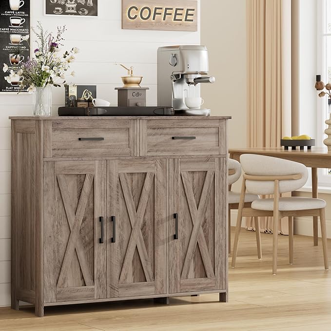 Homhedy Sideboard Buffet Cabinet, Coffee Bar Storage Cabinet with Drawers and Doors, Farmhouse Kitchen Cabinet with Adjustable Shelves, for Kitchen, Dining Room, Living Room, Greige