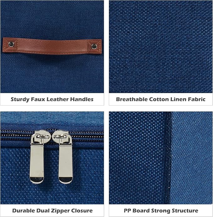 4PCS Storage Cubes with Lid Fabric Storage Bin Box PU Leather Handles Cotton Linen Closet Organizer Container Decorative Foldable Washable Shelf Cloth Basket (Zipper Lid, Deep Blue, 11in)