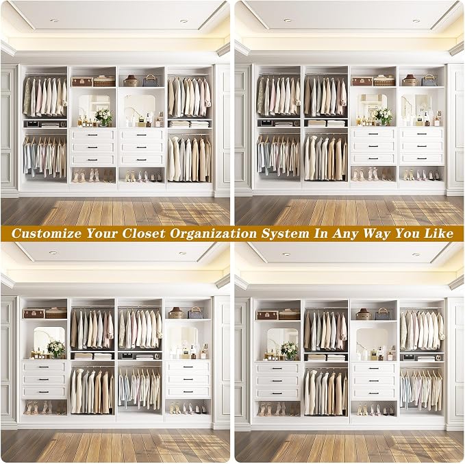 Unikito Closet System with Drawers, 100” Wood Closet Organizer with Hanging Rods and Mirror, Large Walk in Wardrobe Garment Rack with Adjustable Shelves, Sturdy Freestanding Closet Tower, White