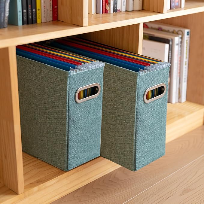 6 Pack Letter Size File Storage Box Collapsible，Fabric Hanging File Folders Organizer, Portable Office Document Holder with Metal Handle, Smooth PVC Rails, Green
