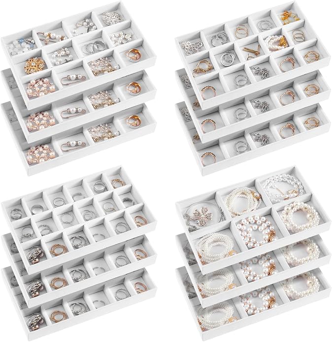 Junkin 12 Pcs Jewelry Tray Velvet Stackable Jewelry Organizer Trays Divided Earring Accessories Storage Containers Box (Rose Red)