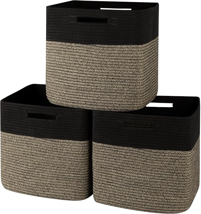 OIAHOMY 13 Inch Cube Storage Bins, 3-Pack Cotton Rope Woven Baskets for Organizing, Insert Storage Baskets for Shelves, Baby Nursery, Closet Organizer, 13 * 13 * 12.6IN, Black & Mixed Brown