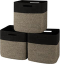 OIAHOMY 13 Inch Cube Storage Bins, 3-Pack Cotton Rope Woven Baskets for Organizing, Insert Storage Baskets for Shelves, Baby Nursery, Closet Organizer, 13 * 13 * 12.6IN, Black & Mixed Brown