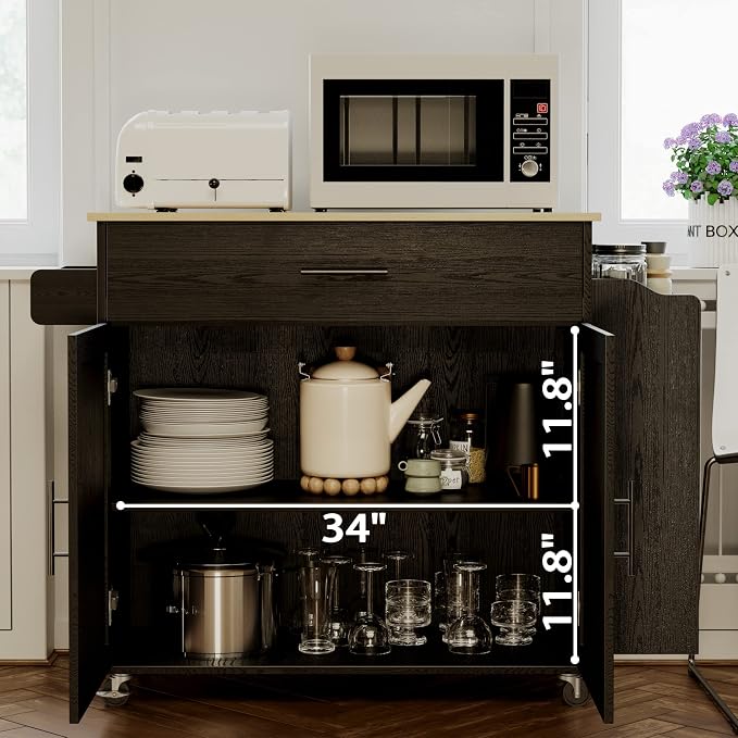 IRONCK Kitchen Island with Storage, Charging Station and Drop Leaf, Black | Wheels, Drawers, Open Shelves, Drawer Storage, Everyday Home Use