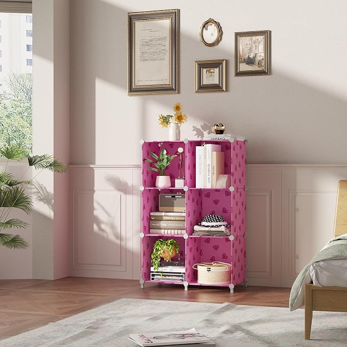UNKU Cube Storage Organizer, 6 Cube Closet Organizer Storage Shelves, DIY Stackable Bookcase, Clothes Organizer Shelf for Closet, Bedroom, Living Room, Cabinet, Home, Office, Pink