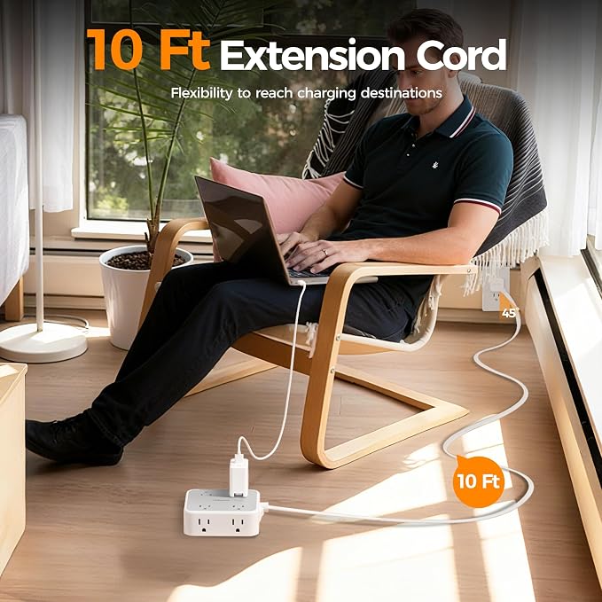TESSAN Surge Protector Power Strip, 10 Ft Flat Plug Extension Cord with 3 USB (1 USB C 20W PD) 8 Outlets, 900J Protection, 3 Sided Outlet Extender with Power Switch for Office, Dorm Room, Grey