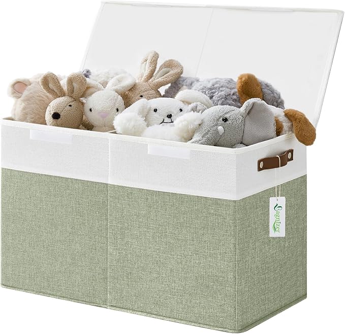 Bagnizer Large Toy Storage Box with Lids, Collapsible Sturdy Baby Storage Organizer Chest Bin Basket for Kids, Boys, Girls, Playroom, Nursery, Bedroom, Closet 25"x13"x16" (Green and White)