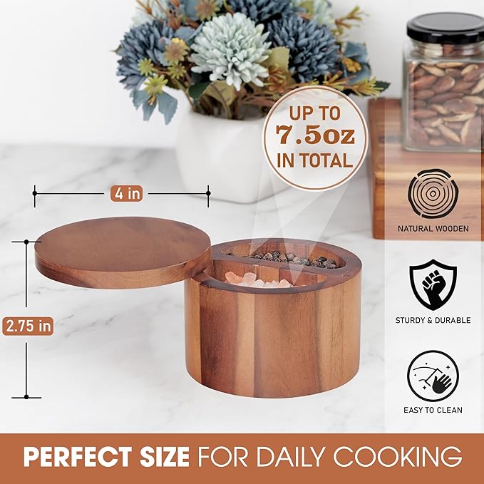 Demigo Duet Salt Cellar, 7.5 Ounces Acacia Salt Keeper Box with Two Compartments Secured by Magnetic & Swivel Lid, Spice Container for Kitchen Countertop Storing Pepper Oregano Powder Cinnamon