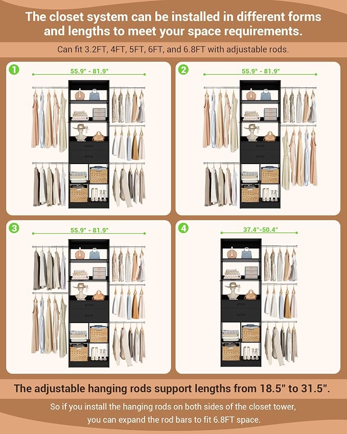 Besiost Small Closet System, 3.2-6.8FT Small Closet Organizer with 2 Wooden Drawers & 5 Hanging Rods, Can Fit 37.5 to 81.9 inch Walk-in Closet System, Built-in, Black, Enclosed Storage Volume 2.32 ft³