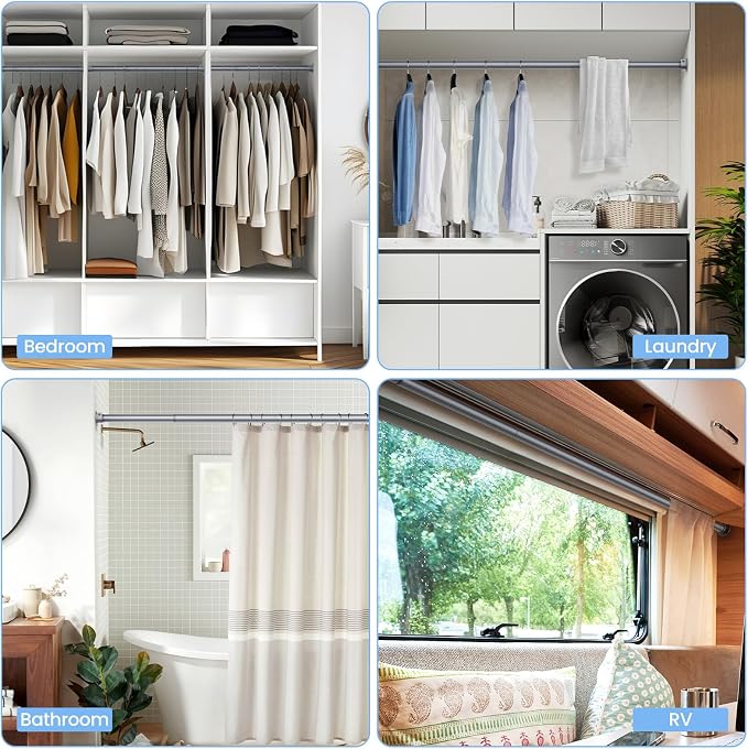 Closet Rods for Hanging Clothes, 17 to 84 Inches No-Cut Stepless Adjustable Closet Rod, 1.3 Inches Expandable Metal Heavy Duty Closet Hanging Rod for Closet Wardrobe Bathroom Laundry RV, Silver