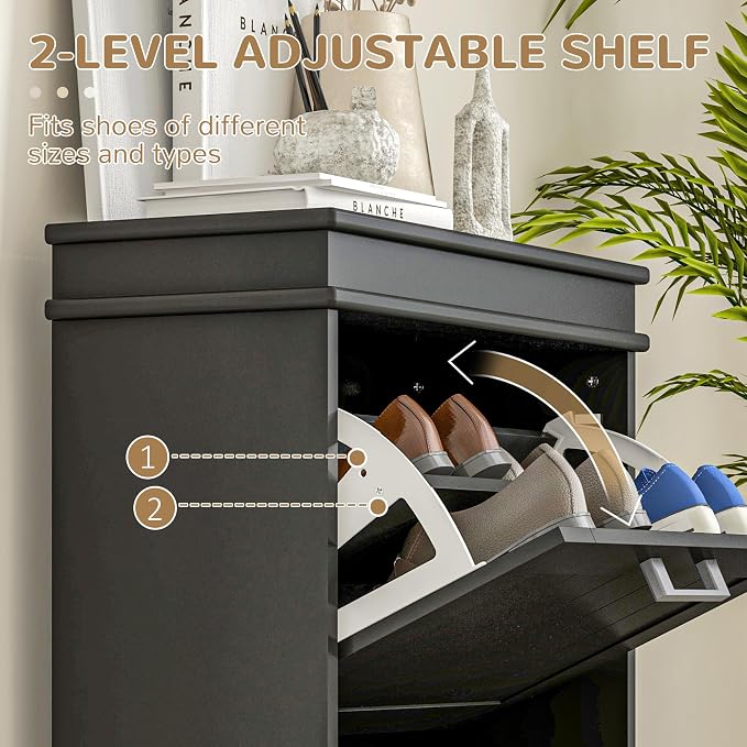 HOMCOM Narrow Shoe Cabinet with 2 Flip Drawers, Modern Freestanding Shoe Storage Cabinet with Adjustable Shelves for Entryway, Hallway, Black