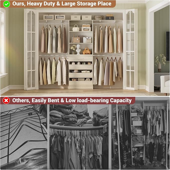 Aheaplus Closet System with 4 Drawers, 8FT Wood Closet Organizer System, Walk-in Closet Wardrobe with Tower, 4 Hang Rods, 2 Top Shelves, Built In Closet Insert System, Fits Spaces 4-9 ft, White Oak