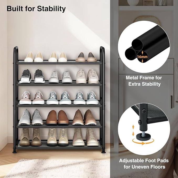 STO STO 5-Tier Shoe Rack with Sturdy Mesh Shelves, Heavy Duty Metal Shoe Organizer for Entryway, Closet, Garage, Front Door, Holds 15 Pairs, Free Standing Shoe Storage Shelf, Adjustable Feet, Black