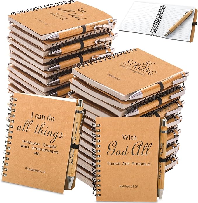 60 Pcs/30 Sets Christian Gifts Bulk Bible Verse Spiral Notebook and Pen Prayer Journal Religious Scripture Notepad Inspirational Christmas Gifts for Bible Study Groups & Church Families