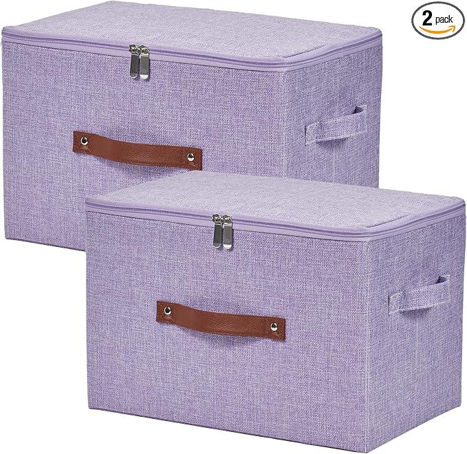 2 Pack Storage Bins with Zipper Lid Cotton Linen Fabric Lidded Storage Baskets Boxes Foldable Washable Closet Shelf Clothes Organizer Container with PU Leather Handles (Purple, Large)