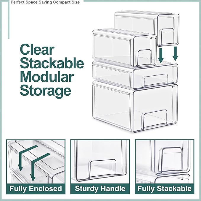 Sorbus Large Clear Stackable Storage Drawers 4-Pack Plastic Organizer Bins with Handles Pull-Out Drawers for Bathroom Closet, Medicine, Cabinet, Pantry Storage, Baby Bottle Organizer