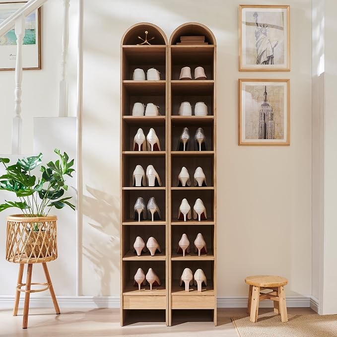 IFGET 67" Tall Arched Shoe Storage Cabinet, 8 Tiers 8 Pairs Wooden Shoe Rack with 3 Adjustable Shelves, Freestanding Shoe Closet Shelf Organizer for Entryway, Hallway, Living Room (Natural)