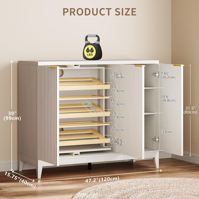 Vlsrka Shoe Storage Cabinet with Fluted Doors and Adjustable Shelves | 6 Tier Wooden Shoe Organizer, Large Capacity, Human Sensor Lighting, 180° Rotating, for Entryway, Hallway, Living Room, White