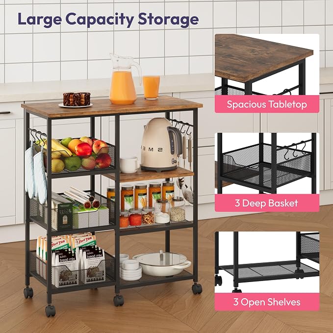 SWTYMIKI Kitchen Island Cart on Wheels - 28.35x14.57in Rolling Kitchen Table Cart with Storage Shelves, 6 Removable Hooks& Locking Casters, Coffee Bar Cabinet for Dining Room Pantry Office, Espresso