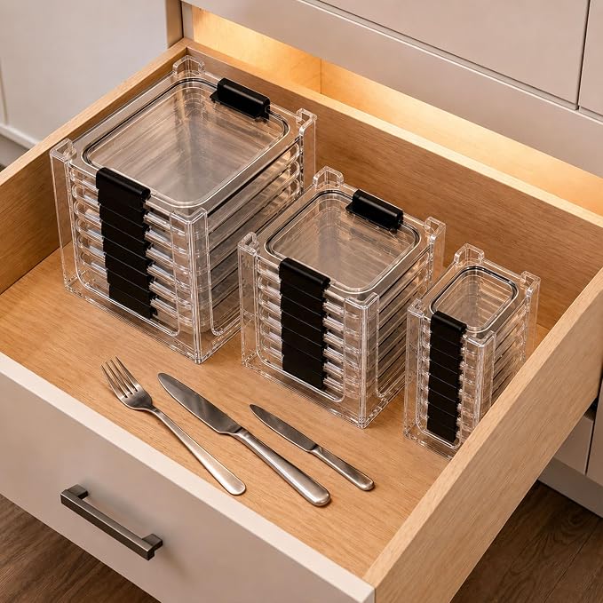 3PCS Clear Acrylic Food Container Lid Organizer for Rubbermaid Brilliance Nap-on Lids, Stackable Lid Holder Rack, Kitchen Storage Holder 4.7 Cup, 3.2 Cup, 1.3 Cup. 0.5 Cup Container, Holds 24 Lids