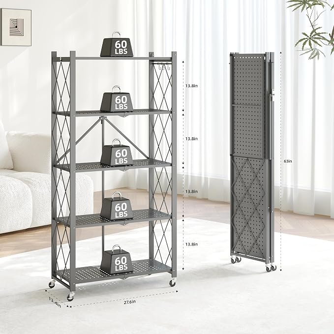 Fenbeli Foldable Shelves with Wheels - 5 Tier Folding Shelf, Collapsible No Assembly Metal Shelving Unit, Origami Storage Shelves & Rolling Storage Rack with 8 Hooks for Kitchen Pantry Garage