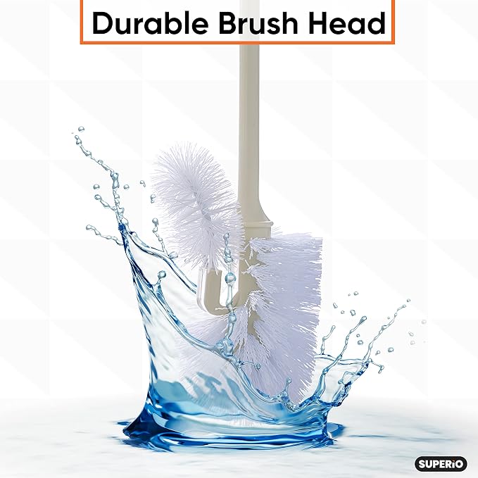 Superio Toilet Bowl Brush and Holder with Under Rim Cleaner for Bathroom, Toilet Brush and Caddy with Non Scratch Bristles and Under Rim Lip Brush, Beige (2 Pack)
