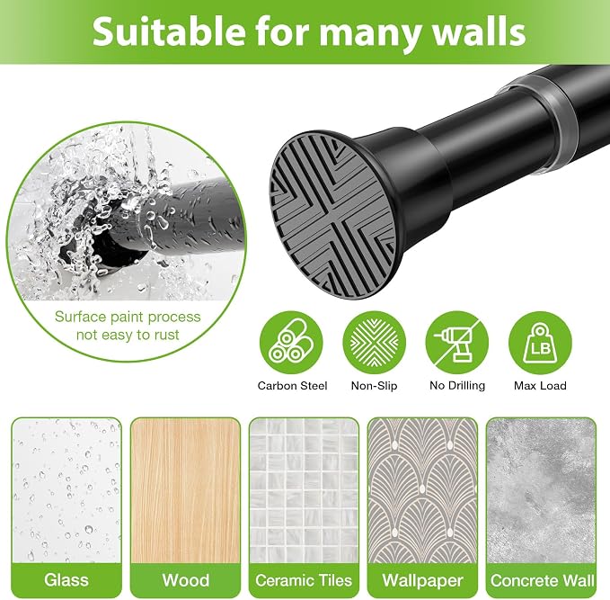 2Pcs Spring Tension Curtain Rod, Shower Curtain Rod 31-76 Inch, Spring Loaded Curtain Rod No Drilling, Adjustable 7/8" Diameter Tension Rod for Windows Bedroom Bathroom Doorway Closet, Black