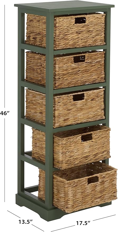 SAFAVIEH Home Collection – Vedette Dusty Green 5-Basket Storage Tower, Natural Rattan Accent Design, Fully Assembled (AMH5739J)