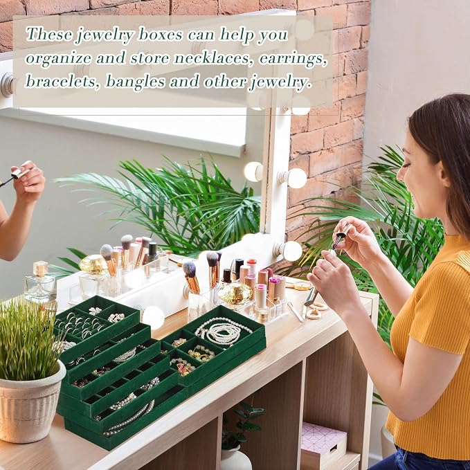 Junkin 18 Pcs Jewelry Drawer Organizer Inserts, Stackable Jewelries Inserts for Dresser Drawers, Drawer Insert Organizers Velvet Jewelry Trays for Rings Earring Bangle Necklace(Dark Green)