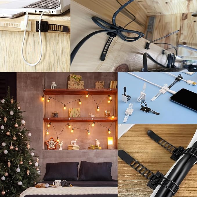 Adjustable adhesive cable management clips 100Pcs, large self adhesive cable ties clips ，Suitable for cable management under desks and on walls(Black)