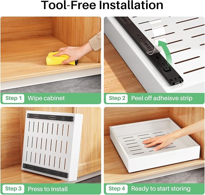 4 Pack Pull out Cabinet Organizer, 21"Deep, Heavy Duty Full-extension Slide out Drawers for Kitchen Cabinet, Roll out Shelf Storage with Nano Adhesive for Pots, Bathroom, Pantry, Home, White