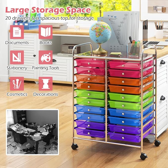 DREAMADE Rolling Cart with Storage Drawers, Utility Cart with Removable Plastic Drawers, Lockable Wheels, Art Cart for Classroom Organization Art Supplies Office Scrapbook (20 Drawers, Rainbow)