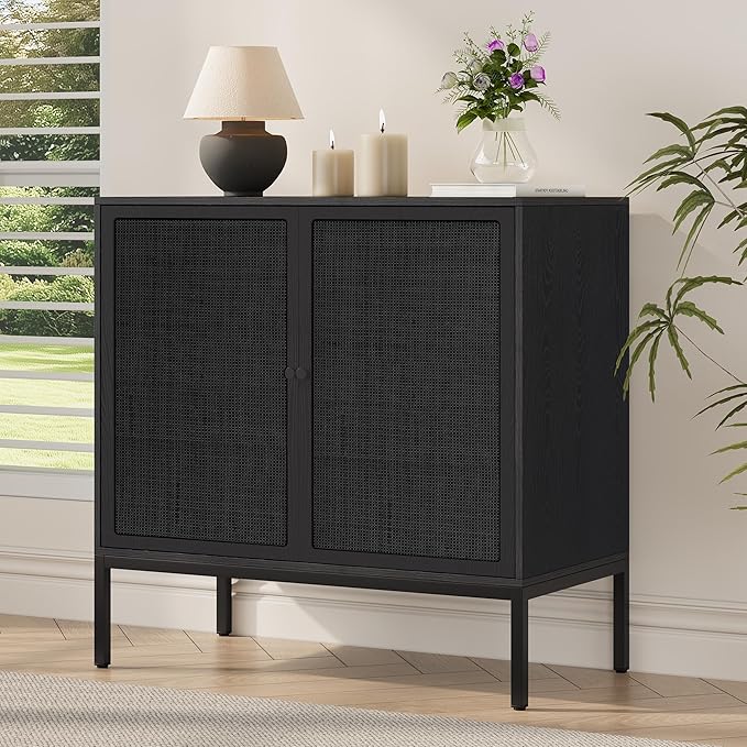 Yechen Black Rattan Buffet Cabinet with Storage, Sideboard Cabinet with Natural Rattan Decorated Doors, Accent Cane Credenza, Wooden Coffee Bar, for Living Room Entryway Kitchen, Metal Legs