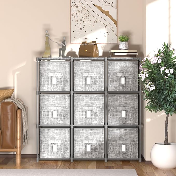LUKYTOWER 9 Cube Closet Organizer with Beautiful Printed Drawers + Labels,Adjustable Modular Storage Shelf, Toy Cubby Organizer