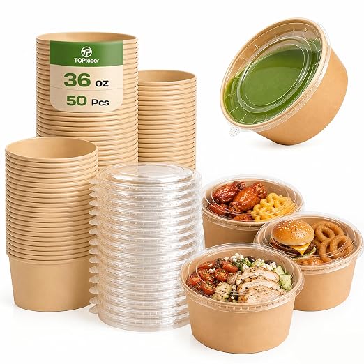 TOPtoper 36Oz 50Pcs Large Paper Bowls with Lids, Disposable Soup Serving Bowls Bulk Party Supplies for Hot/Cold Food, Soup (36 OZ)