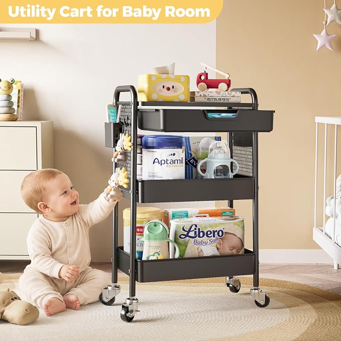 3 Tier Metal Rolling Utility Cart with Drawer & Pegboard - Multifunctional Storage Cart on Wheels with Tabletop, Hooks & Basket, Sturdy Craft & Art Cart for Bathroom, Bedroom, Children Room, Black