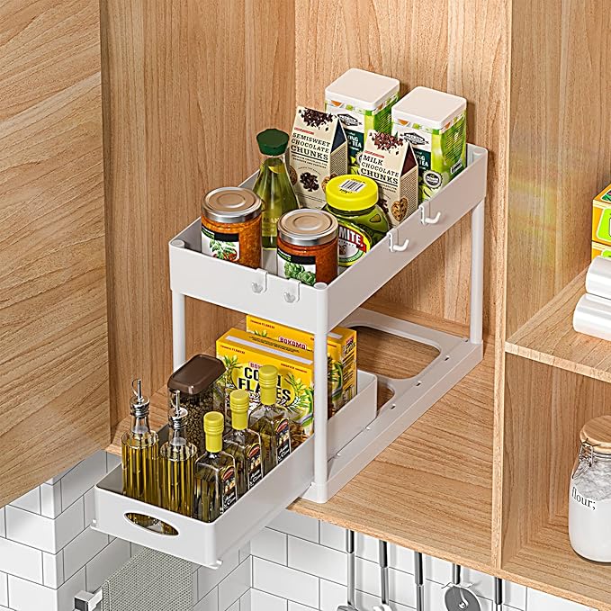 PUILUO 2 Set Under Sink Cabinet Organizer, 2 Tier Storage Under Cabinet Bathroom Under Sink Organizers and Storage Black Under Sink Storage for Bathroom Kitchen