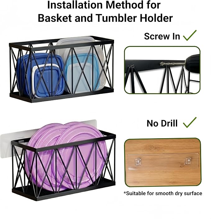 4 Pack No Drill Cabinet Door Lid Organizer for Plastic & Tumbler Lids, Inside Cabinet Wall Mounted Storage, Compatible with Tupperware & Yeti, with Magnetic Straw Holder