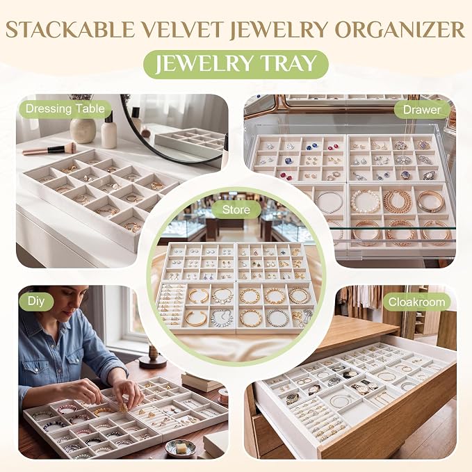 Unittype Set of 4 Stackable Jewelry Organizer Tray for Drawer Inserts Velvet Necklace Earring Bracelet Ring Holder Jewelry Display Storage Box for Bangle Stud Necklace Ring(Mixed Styles,Beige)