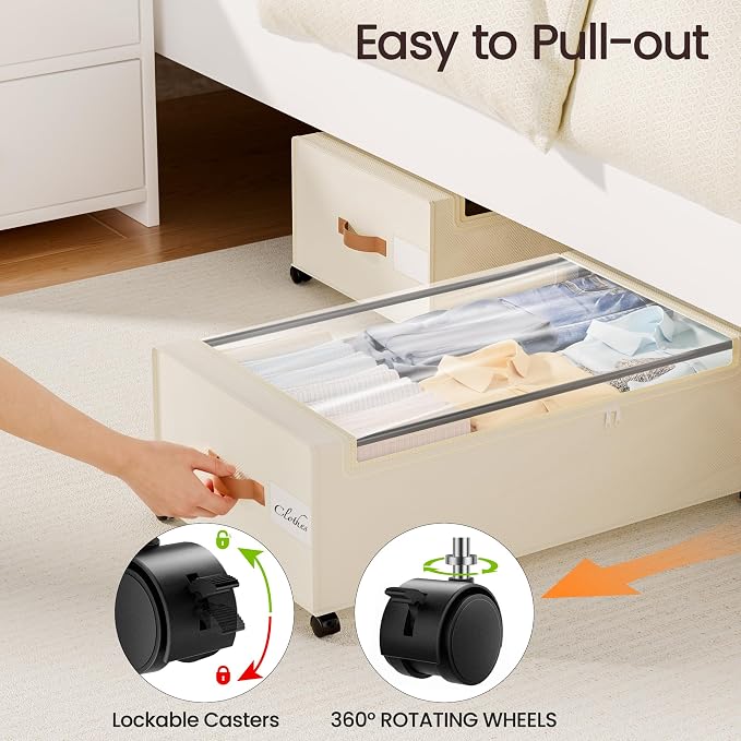 Yecaye 95 L Under Bed Storage with Wheels, 11 in Under Bed Storage Containers, Large Under Bed Shoe Storage with Lids, Rolling Underbed Storage bins for Clothes, Blankets, Beige
