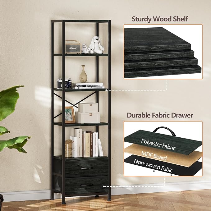 Furnulem 5-Tier Tall Corner Shelf, Narrow Bookshelf with Drawers | 65.16" H Black Bookcase,Fabric Bins and Metal Frame,Wood Display Shelf for Bedroom,Living Room,Home Office. Easy to Assemble