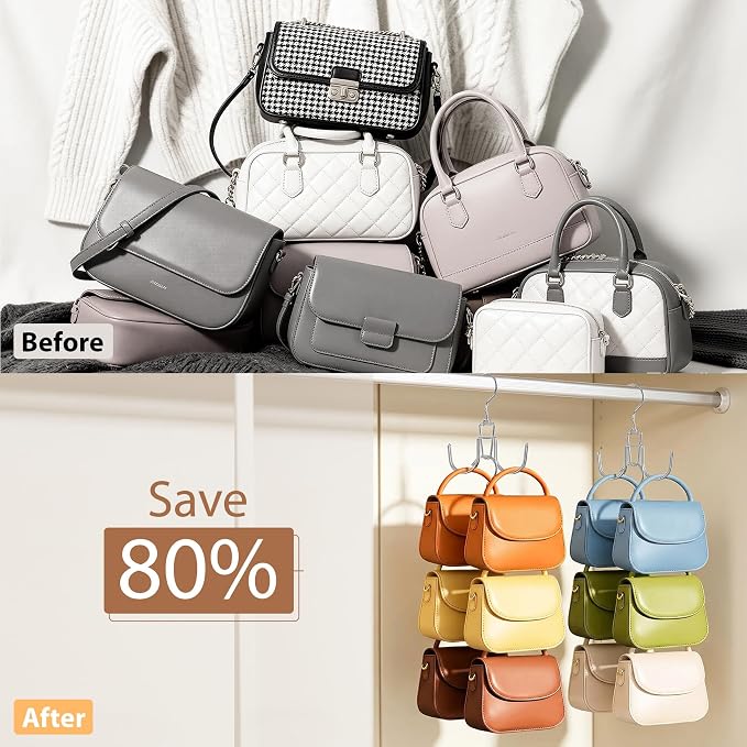 6 Pcs Heavy Duty Purse Organizer for Closet, Stackable Purse Hangers Closet Space Saving with 12 Hanging Metal Purses Hooks Rotatable Handbag Organizer Storage Bag Holder for Backpack Tote Bag