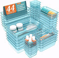WOWBOX 44 PCS Clear Plastic Drawer Organizer Set, 6 Varied Size storage Bins and Desk Drawer Organizer Trays for Makeup, Gadgets, Jewelry and Utensils in Bathroom, Bedroom and Office, Clear Sea Blue