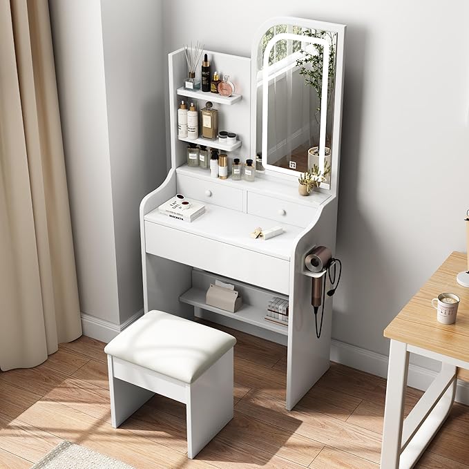 Small Makeup Vanity Desk with Mirror and Lights, Vanity Table Set with Storage Drawer & Open Shelves, 3 Lighting Colors, Adjustable Brightness White Makeup Vanity with Stool (Style A)