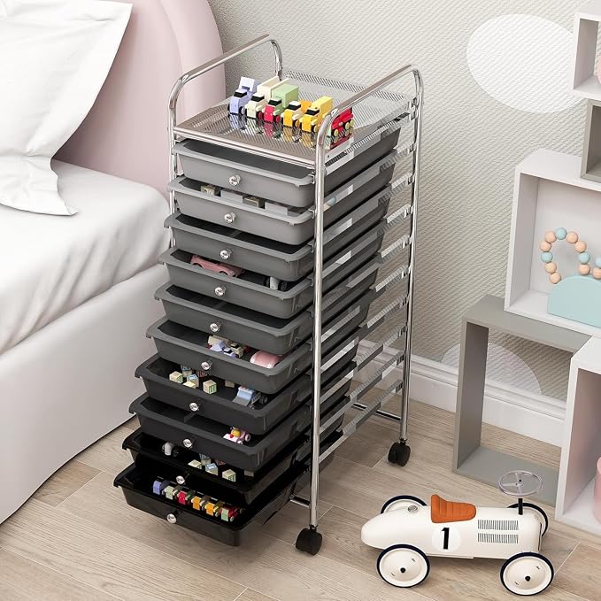 LDAILY 10-Drawer Rolling Storage Cart, Rolling Storage Cart, Storage Organizer on Wheels, Metal Frame, Scrapbook Paper Tools, Suitable for Office School, Classroom (Gradient Grey, 10 Drawer)