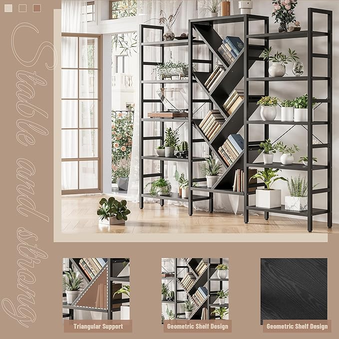 INNOD 70x70” Triple 5 Tier Book Shelf, Large Wooden Bookcase with 17 Open Display Shelf, Modern Tree Bookshelf Metal Frame Tall Book Case Furniture for Living Room Bedroom Home Office Black